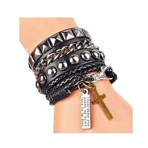 BLACK Leather & Cool Fashion Punk Multilayer Cuff Lettering & Cross BRACELET Best Deals in USA